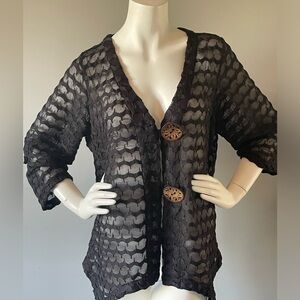 Nina Leonard sheer patterned black jacket with large buttons